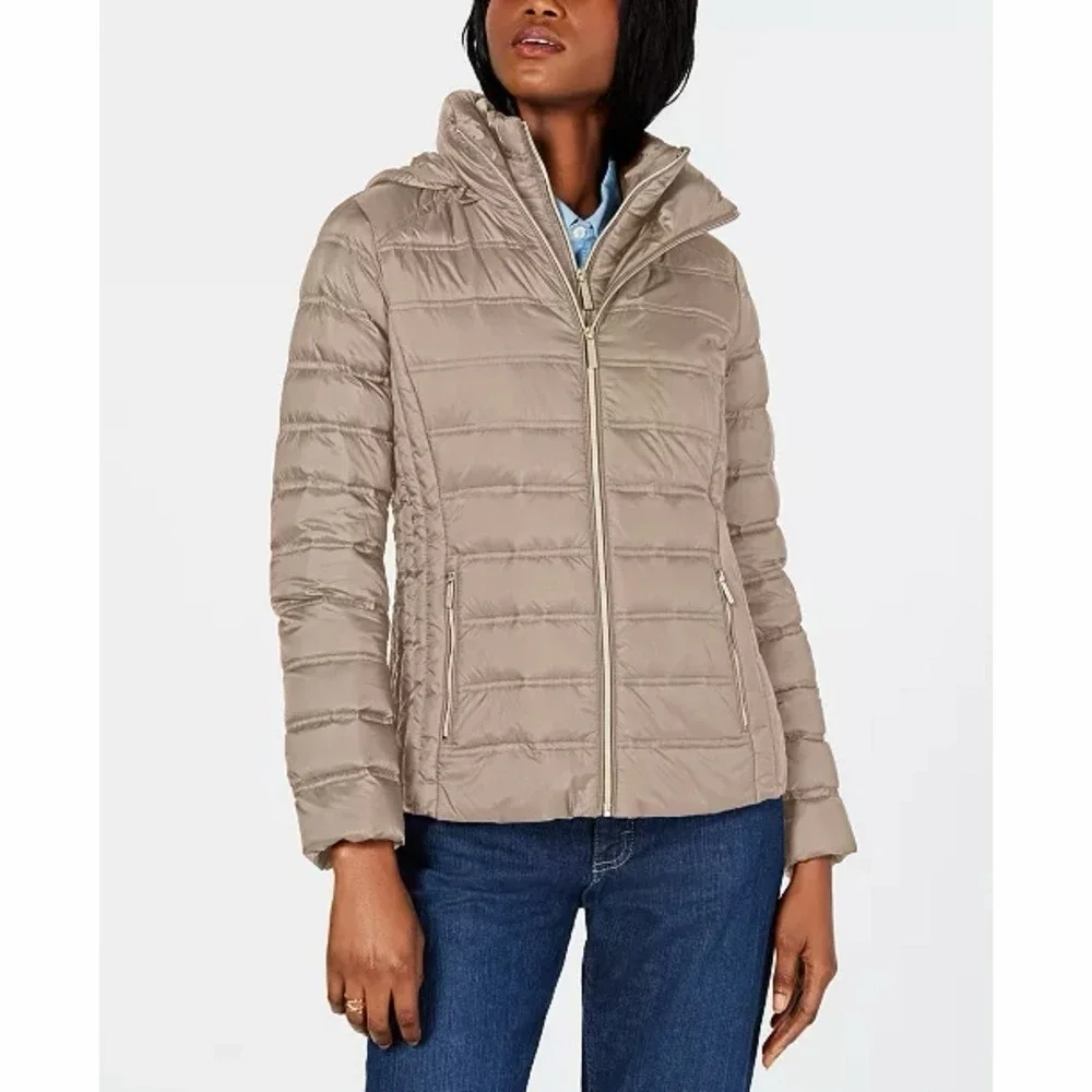 Michael Michael Kors Hooded Packable Down Fill Taupe Puffer‎ Coat